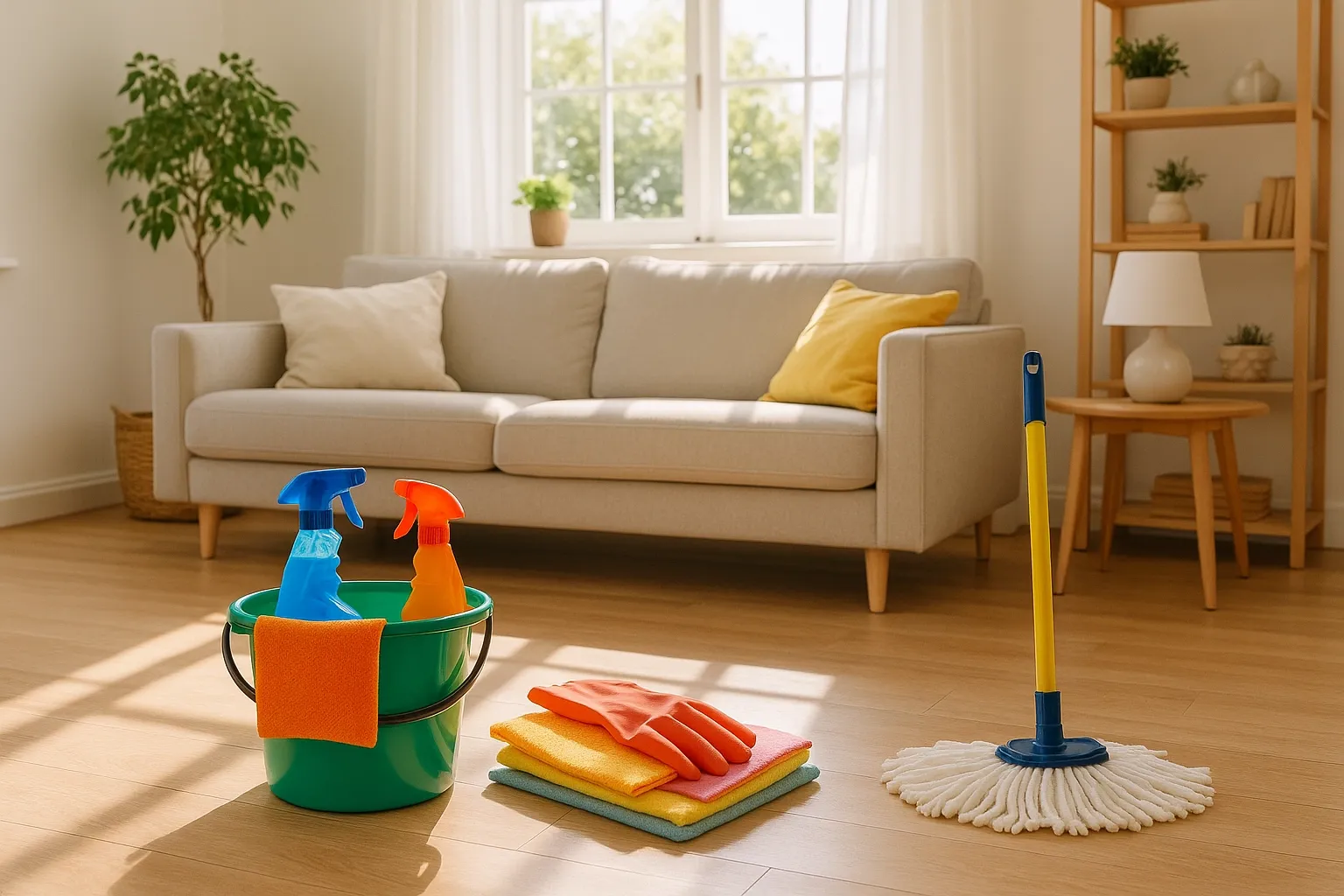 A bright, clean room with open windows, ready for spring cleaning.