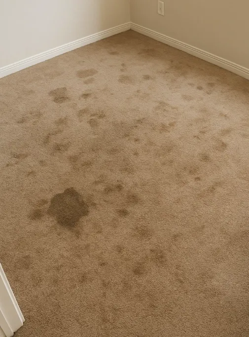 A heavily stained living room carpet before professional cleaning in Sydney.