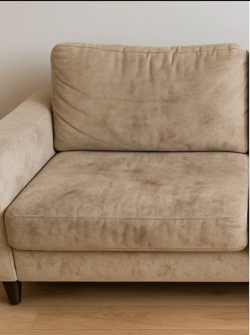 A stained fabric sofa before professional couch cleaning in Sydney.